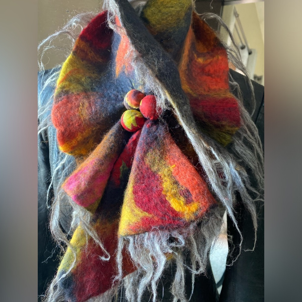 One-of-a-Kind Multi Colored Merino Wool & Mulberry Silk Scarf – Edgy & Artsy 🌈 - Picture 2 of 7